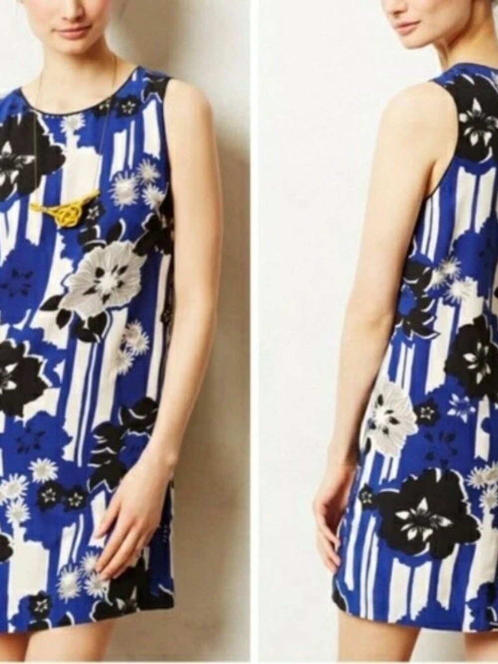 100% Silk Anthropologie Maeve Canna Blue Floral Shift Dress 0P